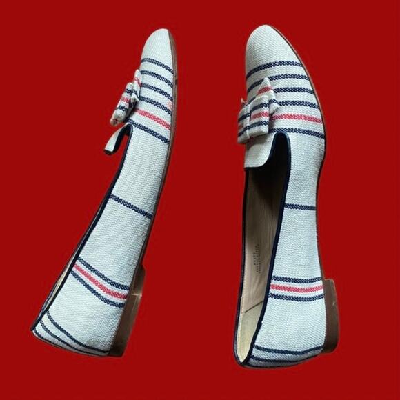 J. Crew White Blue & Red Woven Bow Detail Striped Canvas Leather Loafers (8) - Picture 4 of 9